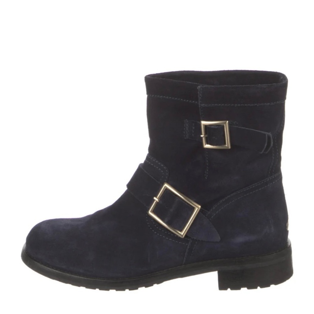 Jimmy choo blue double buckle ankle boots